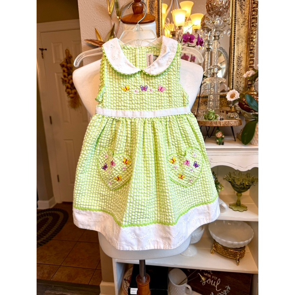 VTG Youngland Gingham Dress Heart Pockets Embroidered Butterflies Green 2T